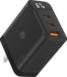 AT&T Essentials Multi Port 67W GaN Wall Charger with LED Display (2 USBC + 1 USBA)